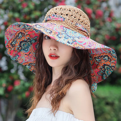 Summer Beach Style Bucket Folding Flower Pattern Straw Hat For Women