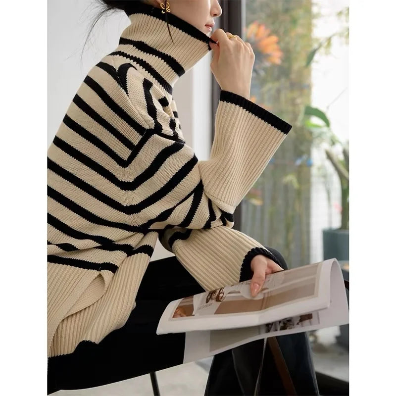 Loose Fit Striped Turtleneck Winter Sweater For Women