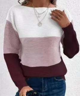 Womens Colorful Patchwork Crop Sweater Autumn Casual Knitted Pullover Bare Midriff Coarse Yarn Top