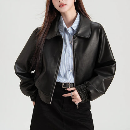 2025 Korean Black Leather Jacket For Women Winter Long Moto Biker Zipper Jacket Streetwear Harajuku Y2K Loose Fit Womens Coat