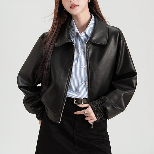 2025 Korean Black Leather Jacket For Women Winter Long Moto Biker Zipper Jacket Streetwear Harajuku Y2K Loose Fit Womens Coat