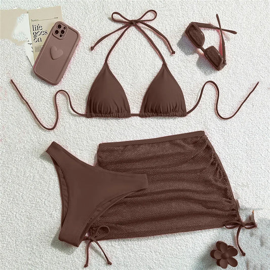 Chocolate Brown Bikini and Mesh Skirt Set Aesthetic