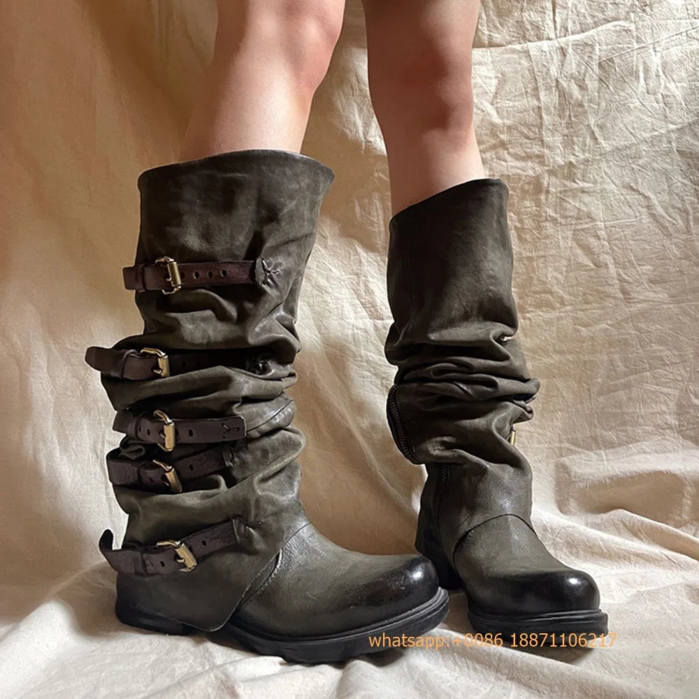 Womens Large Mid Length Retro Boots Buckle Casual Knight Boots For Autumn Winter 2025
