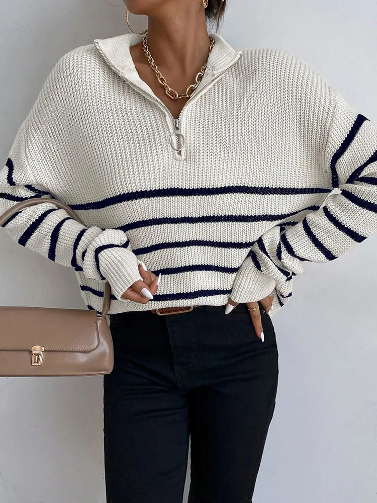 Womens Zipper V Neck Striped Pattern Autumn Winter Sweater