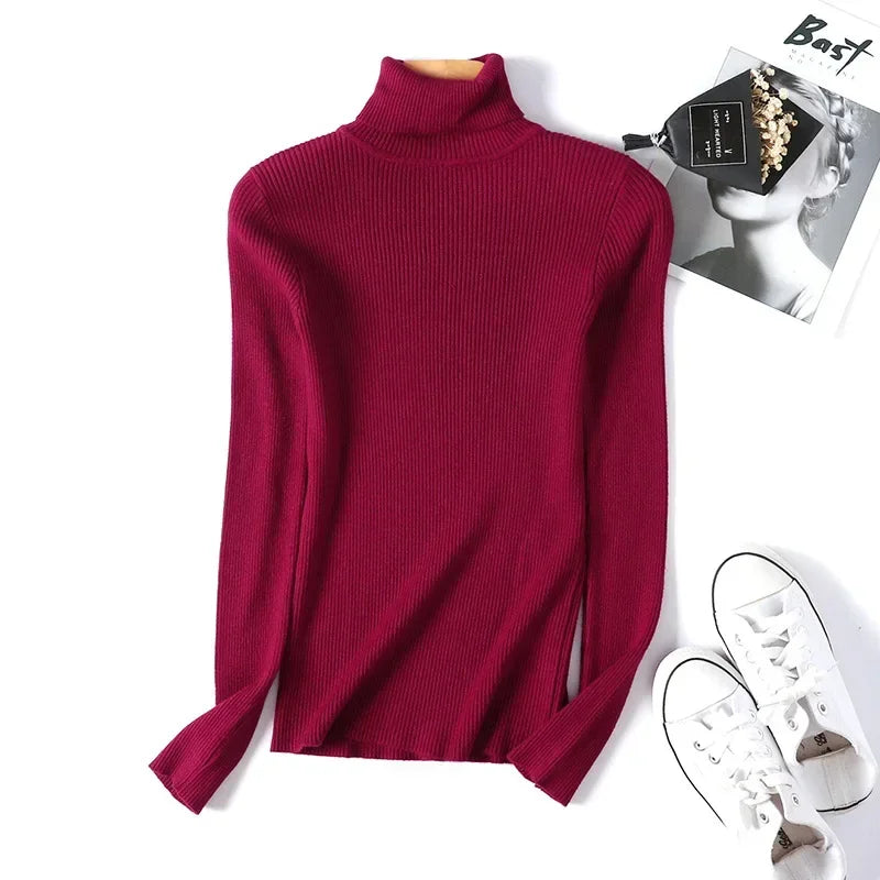 2025 Autumn Winter Women S Thick Ribbed Knitted Turtleneck Sweater Slim Fit Long Sleeve Pullover Soft Warm