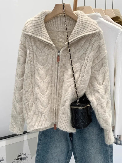 Retro Lazy Style Embroidered Zipper Sweater Chic Autumn Winter Fashion