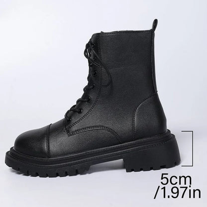 Women’s PU Leather Ankle Boots – 2025 Lace-Up Platform Boots with Zipper and Round Toe