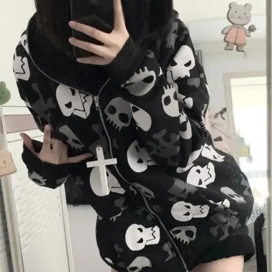 Winter Punk Skull Hoodie Grunge Aesthetic Sweatshirt For Women Gothic Harajuku Pullover