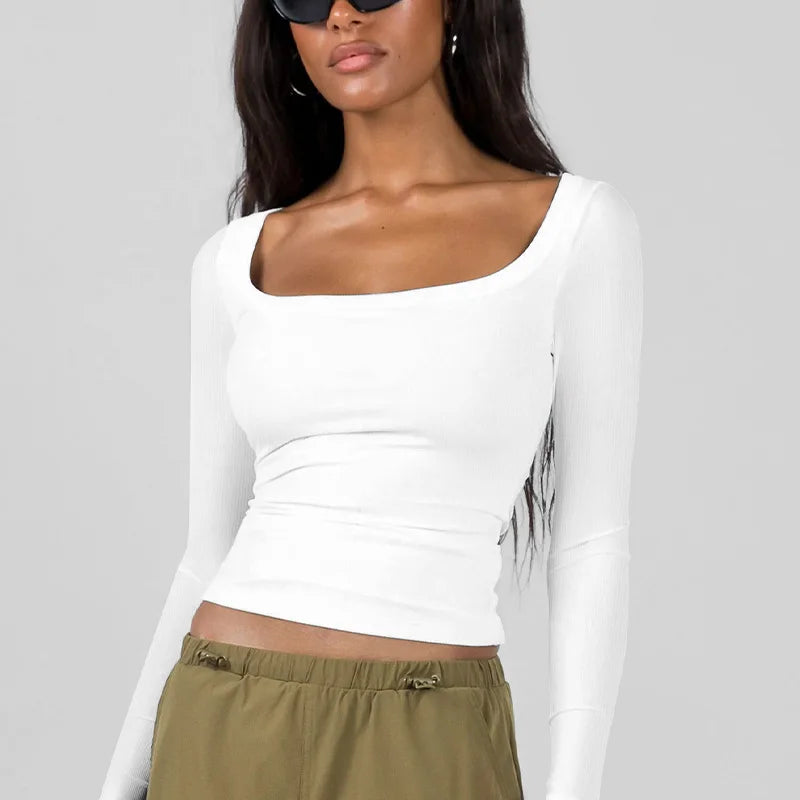 2025 Spring New Sexy Knitted Square Collar Lace Up Spliced Solid Color Long Sleeve Slim Women S Super Short Shirt