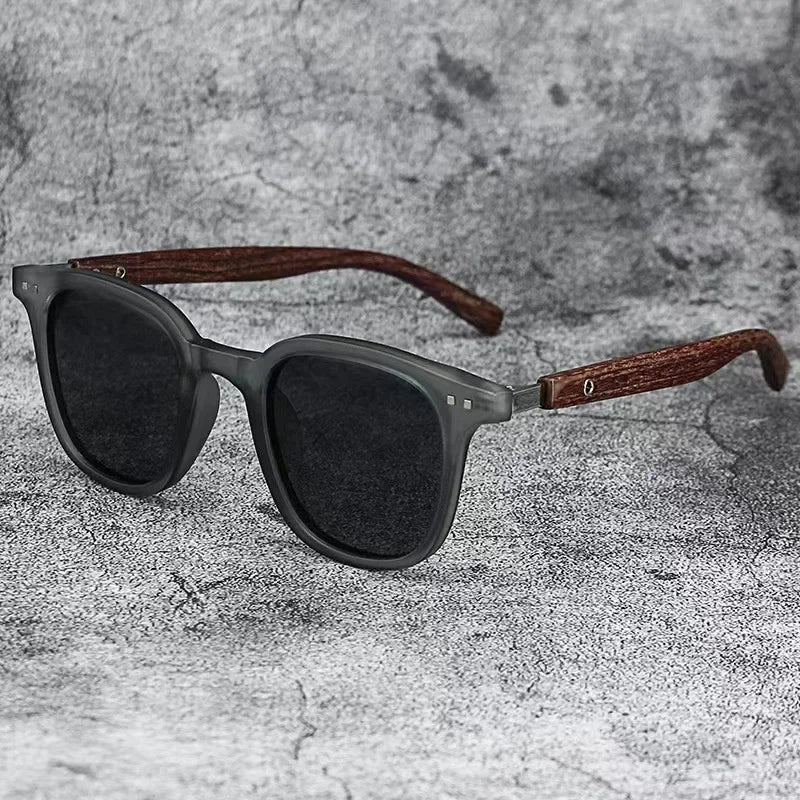 Nature Meets Tech: Matte Grey Sunglasses with Textured Wooden Temples