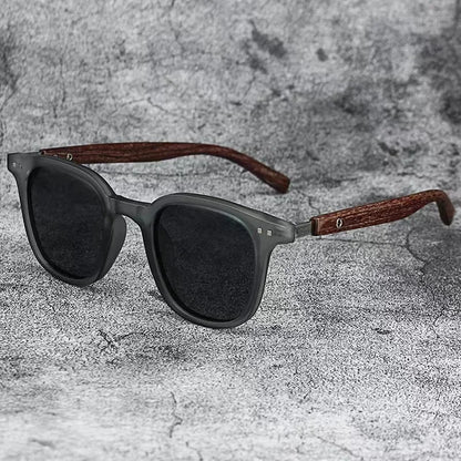 Nature Meets Tech: Matte Grey Sunglasses with Textured Wooden Temples