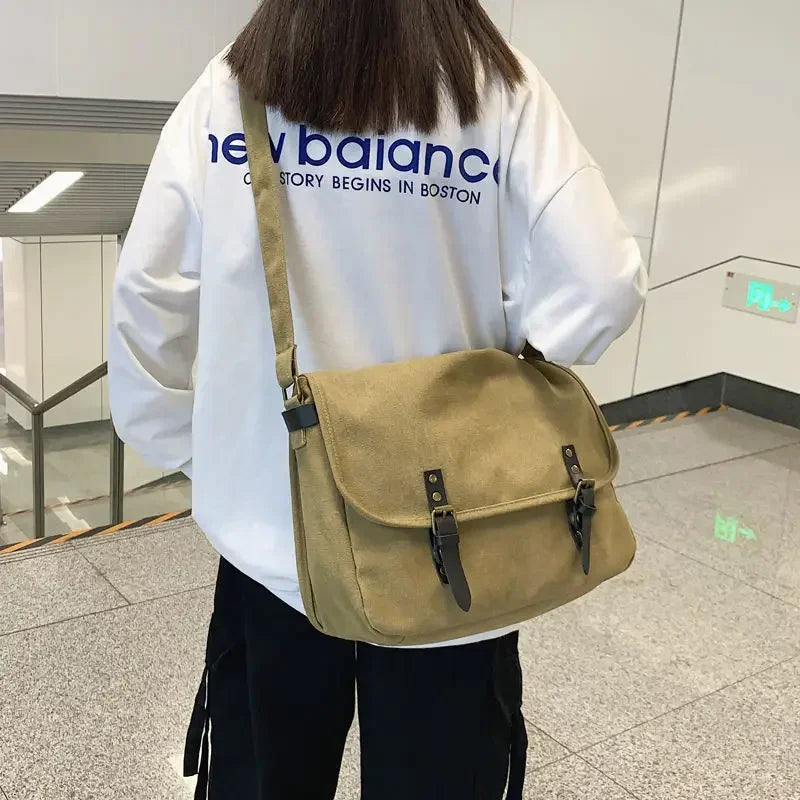 Japanese Canvas Cross Body Bag For Men Women Simple Wash Canvas Handbag Large Capacity Arts Students Satchel