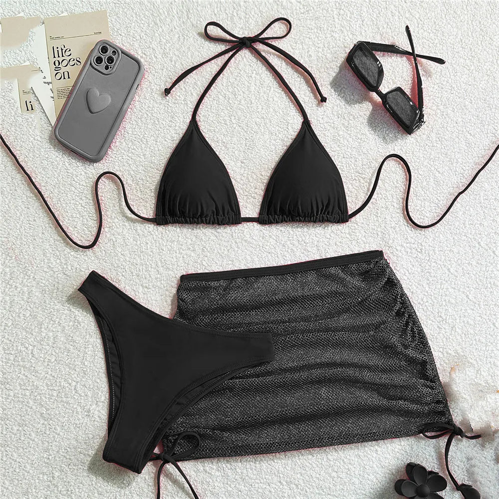 Chocolate Brown Bikini and Mesh Skirt Set Aesthetic