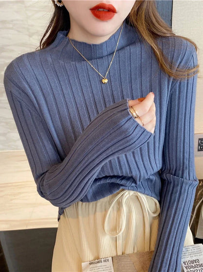 2025 High Neck Ribbed Knitted Sweater Women S Autumn Winter Slim Fit Long Sleeve Pullover Basic Casual Tops