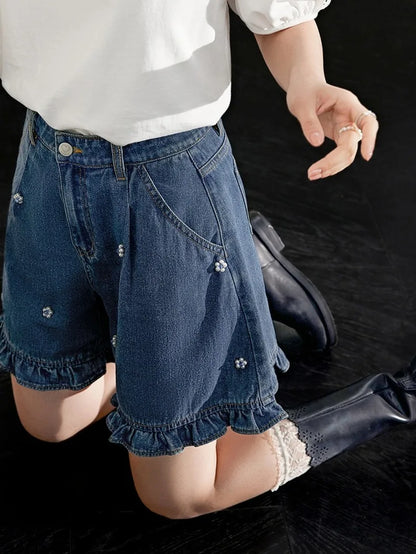 Coquette Aesthetic: Beaded Floral Ruffle Denim Shorts