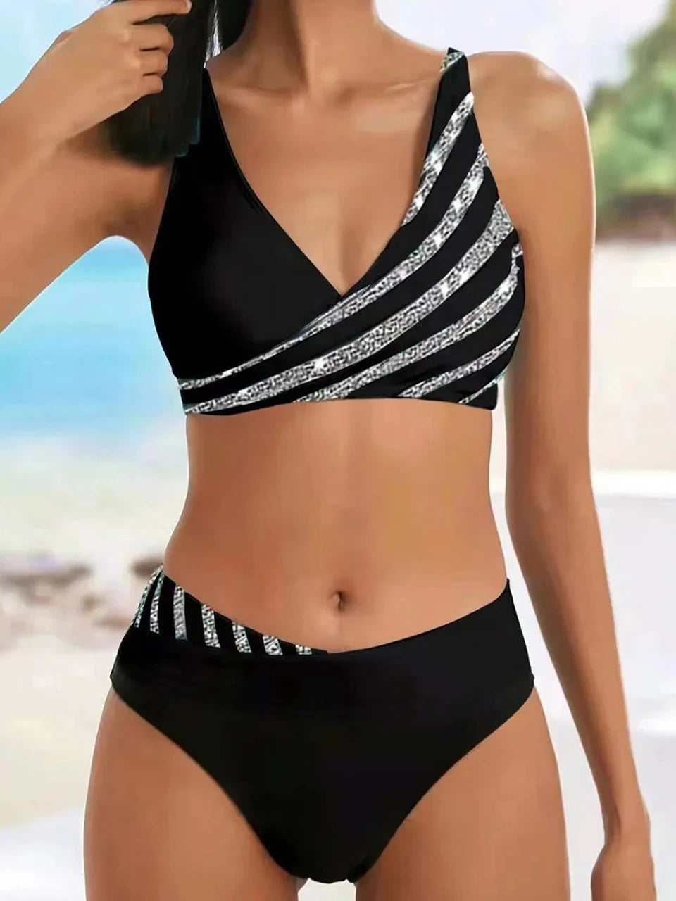Black and Silver Glitter Striped Bikini Aesthetic