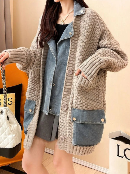 2025 New Autumn Winter Women Splicing Denim Jacket, Long Sleeve Jean Jackets, Female Loose Sweater Cardigan Jacket