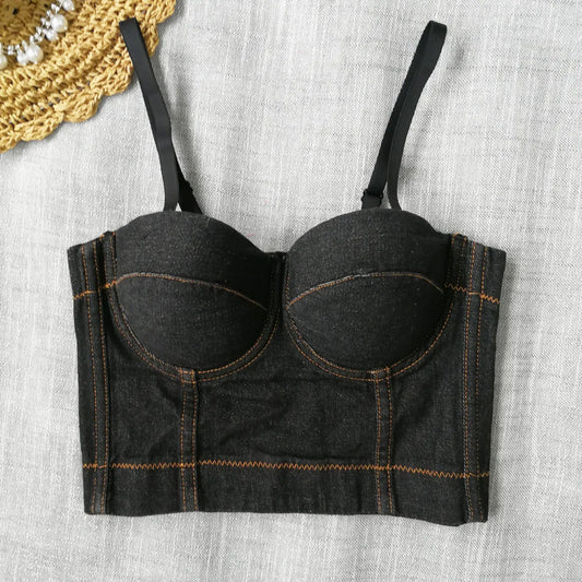 Blue Backless Denim Corset Crop Top For Women Off Shoulder Sleeveless Bustier Tank Sexy Elegant Summer Streetwear 2025