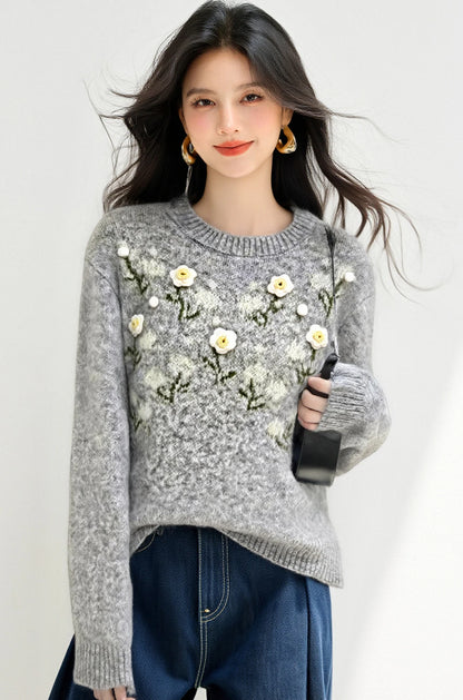 Womens Korean Style Daisy Flower Printed Knitted Winter Sweater
