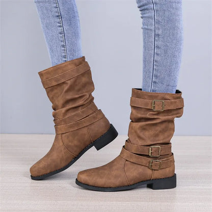 Women's Large Mid-Length Retro Boots – Buckle Casual Knight Boots for Autumn/Winter 2025