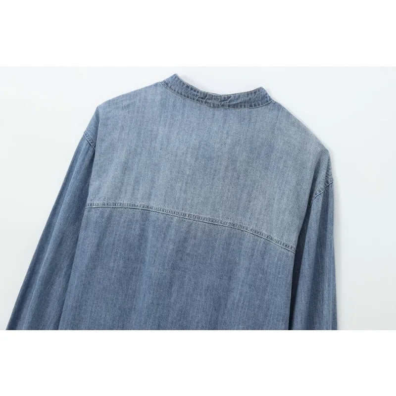 Trendy Imitation Denim Blouse For Women Long Puff Sleeves Bow Embellished High Neck Shirt