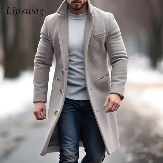 Vintage Buttoned Trench Coat Casual Solid Color Outerwear For Mens Fashion 2024