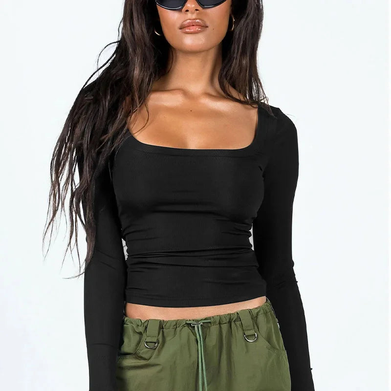 2025 Spring New Sexy Knitted Square Collar Lace Up Spliced Solid Color Long Sleeve Slim Women S Super Short Shirt