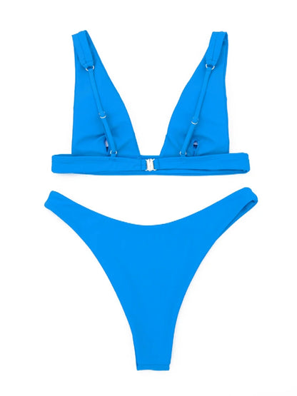V Neck Blue One Piece Women Bikini