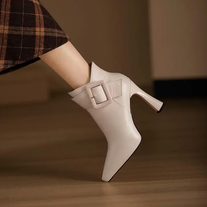 New Womens High Heels White Boots 10cm Thick Heel Round Toe Zipper Mom Boots Classic Elegant Female Shoes