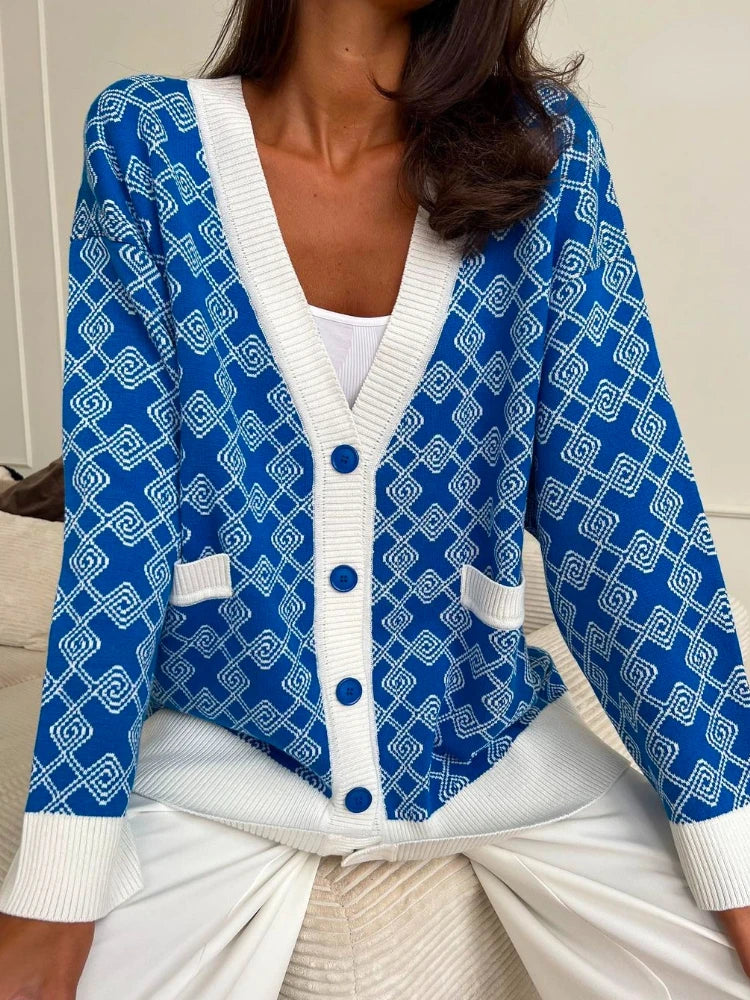 Geometric Jacquard V-Neck Knit Cardigan – Oversized 2025 Autumn/Winter