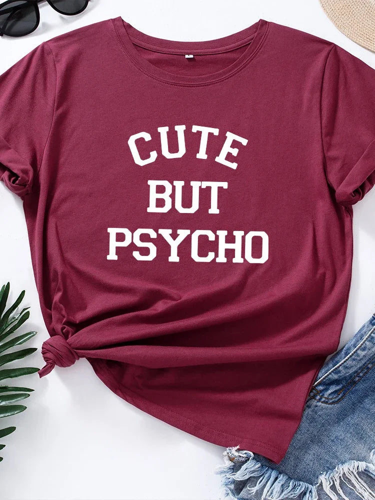 Cute But Psycho Graphic T Shirt 2025 Summer Funny Loose Crew Neck Tee Womens Casual Harajuku Print Shirt