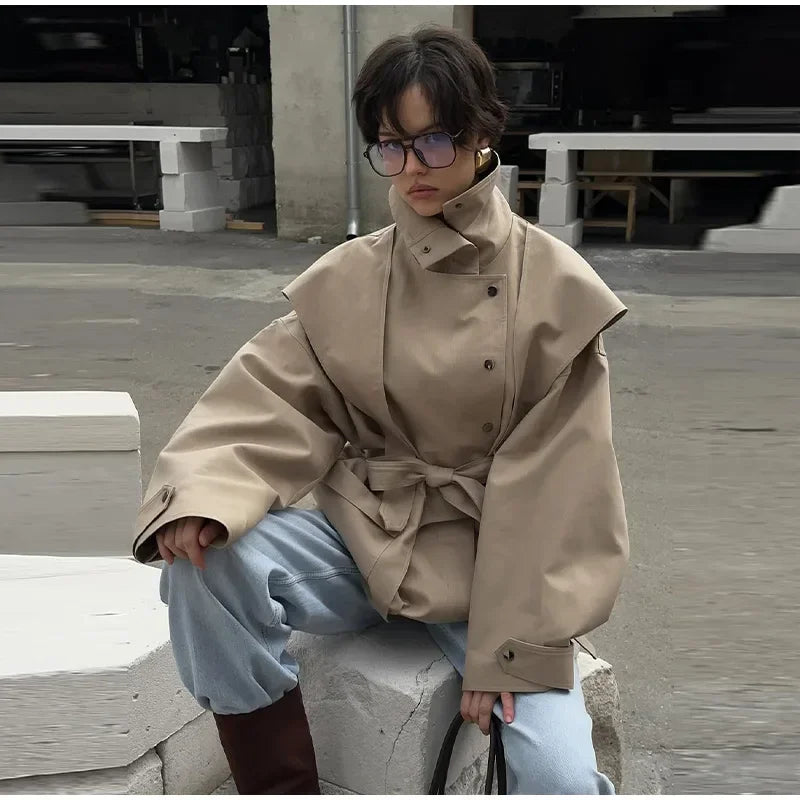 Cotton Khaki Long Turn Down Collar Belted Women Trench Coat