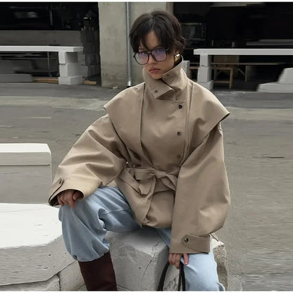 Cotton Khaki Long Turn Down Collar Belted Women Trench Coat