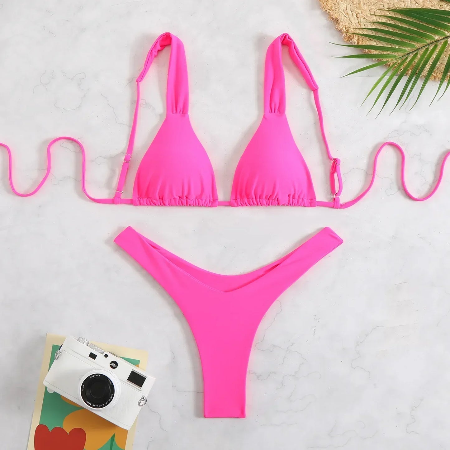 2025 Sexy High Leg Thong Bikini Solid Pink Swimwear 2 Piece Bathing Suit For Women Beachwear