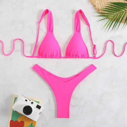 2025 Sexy High Leg Thong Bikini Solid Pink Swimwear 2 Piece Bathing Suit For Women Beachwear