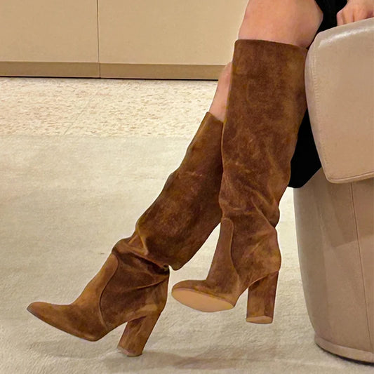 2024 Modern Knee High Suede Boots Square Heel Winter Shoes For Women
