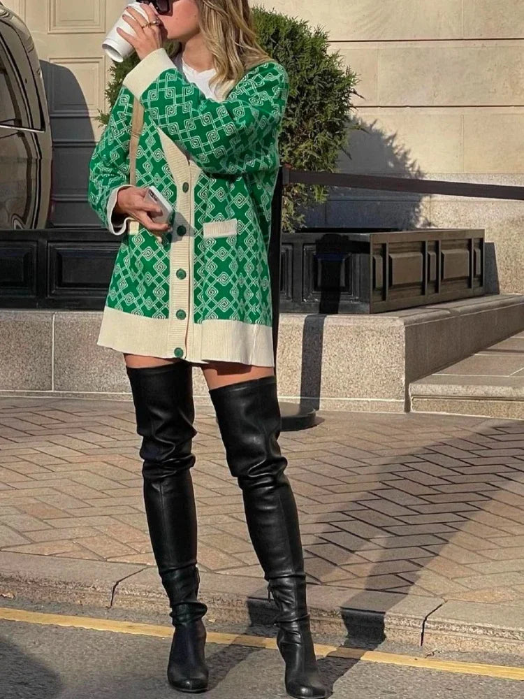 Geometric Jacquard V-Neck Knit Cardigan – Oversized 2025 Autumn/Winter