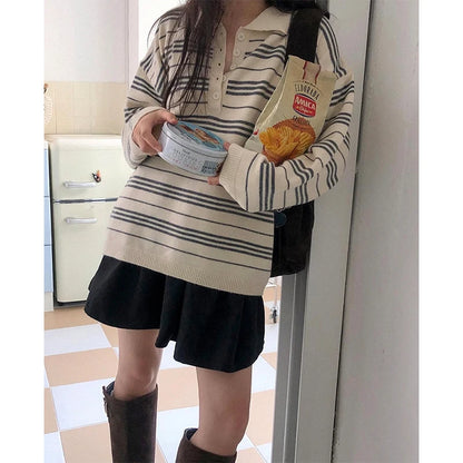 Blue White Striped Oversized Sweater Embroidered Mock Neck Cropped Jumper Harajuku Women S Pullover