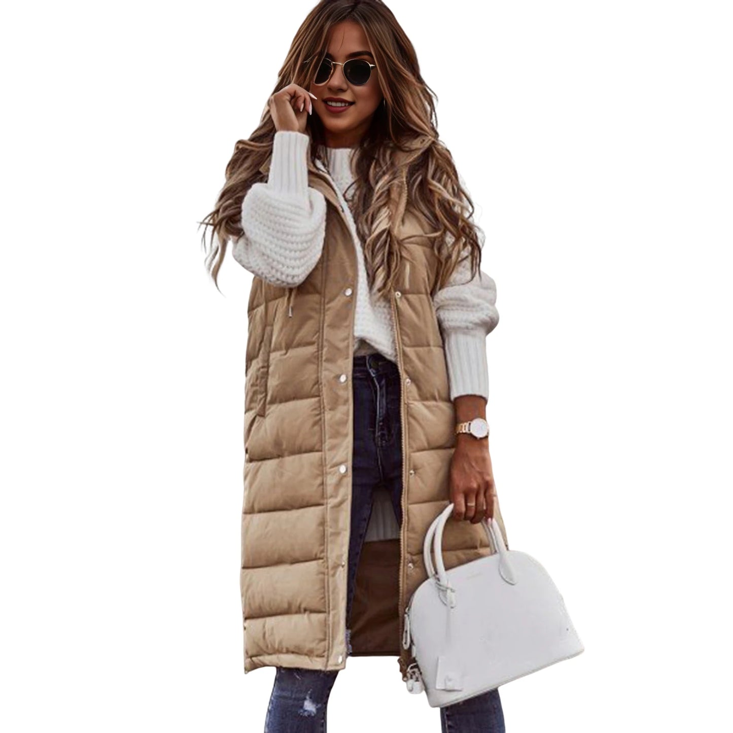 2025 Womens Long Winter Quilted Hooded Vest Sleeveless Down Cotton Jacket With Pockets Warm Outdoor Coat S 5xl
