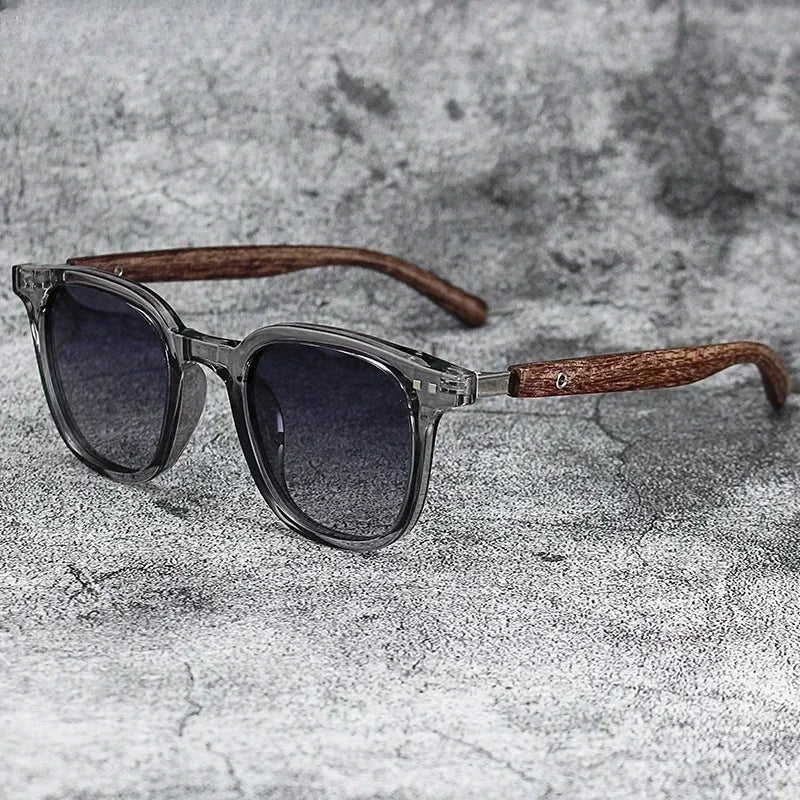 Nature Meets Tech: Matte Grey Sunglasses with Textured Wooden Temples