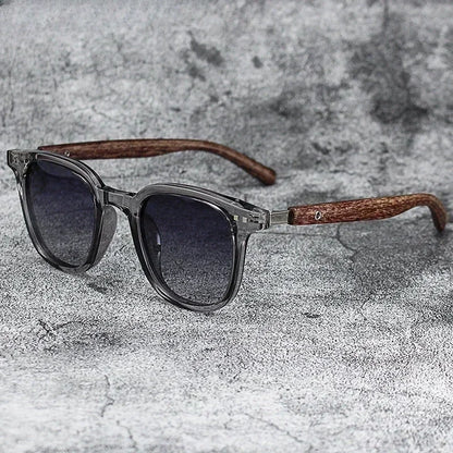 Nature Meets Tech: Matte Grey Sunglasses with Textured Wooden Temples
