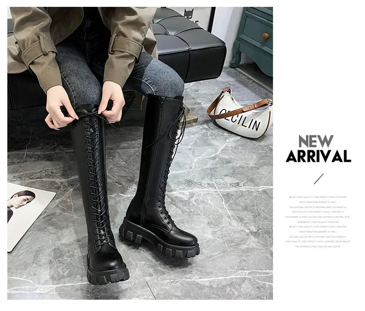 Women’s High Ankle Boots 2025 – Lace-Up PU Leather Platform-Free Casual Winter Autumn Shoes