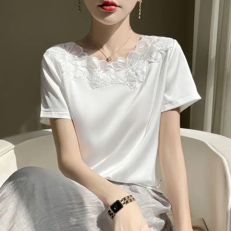 Stylish Spring Summer Loose O Neck Chiffon Shirt For Women Short Sleeve Plus Size Blush Fashion Top 2025