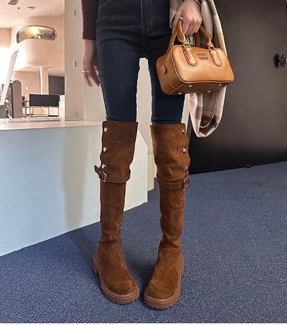 2025 Over-the-Knee Cowboy Boots for Women | Designer Winter Platform Shoes, Fur Suede Wedges, Thigh-High Motorcycle Boots