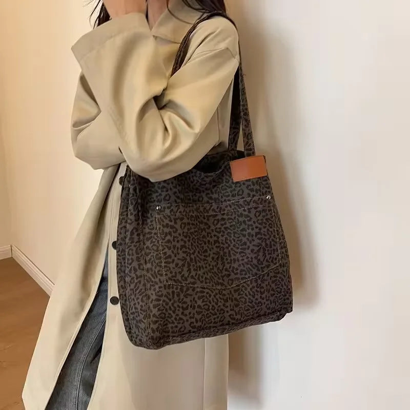 Leopard Patchwork Shoulder Bag High Quality Spacious Tote Bag