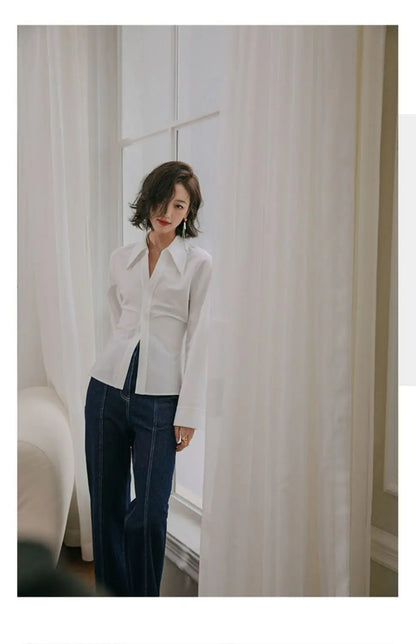 2024 Spring Office Lady White Shirt: Korean Style Slim Button-Up Work Blouse for Women