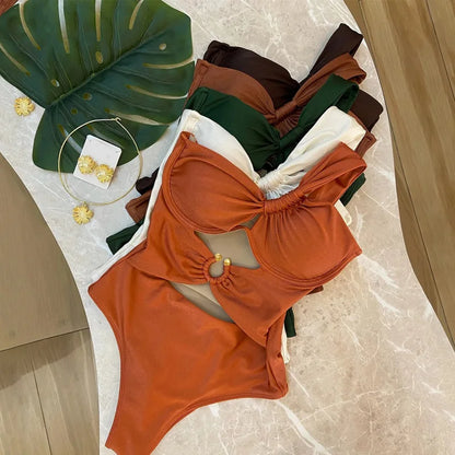 2025 One Shoulder High Waist Bikini Solid Color Padded Swimsuit For Women Trendy Summer Beachwear