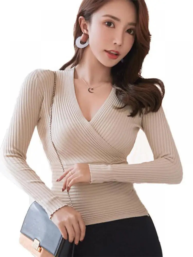 Korean Women S Sexy Deep V Neck Short Sweater Slim Pullover Elastic Cotton Bottoming Top For Women