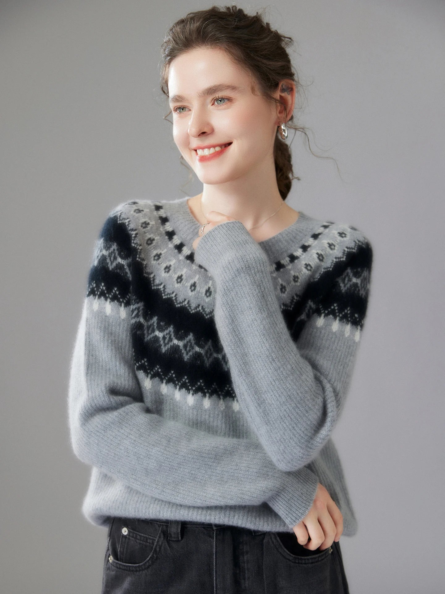 Winter Aesthetic: Grey Fair Isle Crewneck Knit Sweater