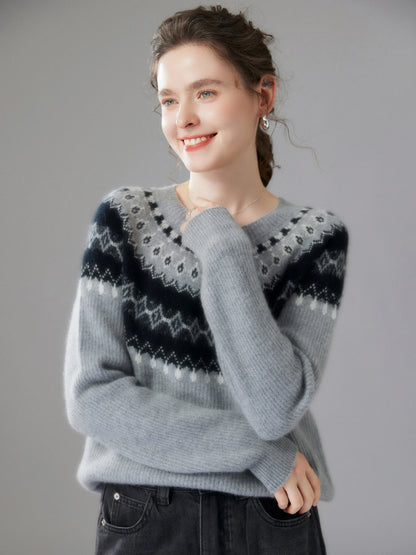Winter Aesthetic: Grey Fair Isle Crewneck Knit Sweater